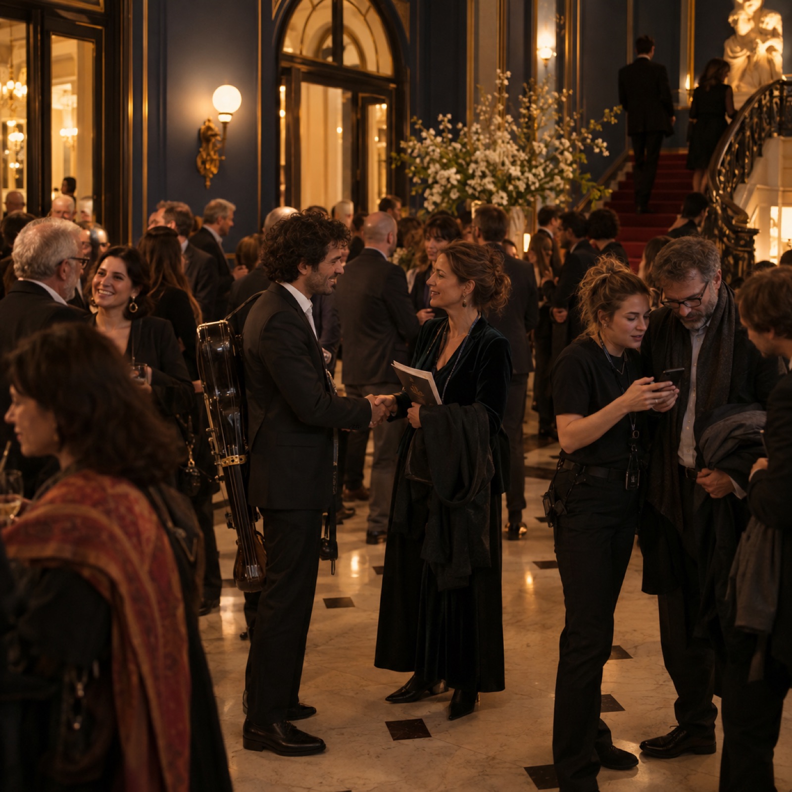 Des artistes et des professionnels discutent dans le foyer d'un théâtre