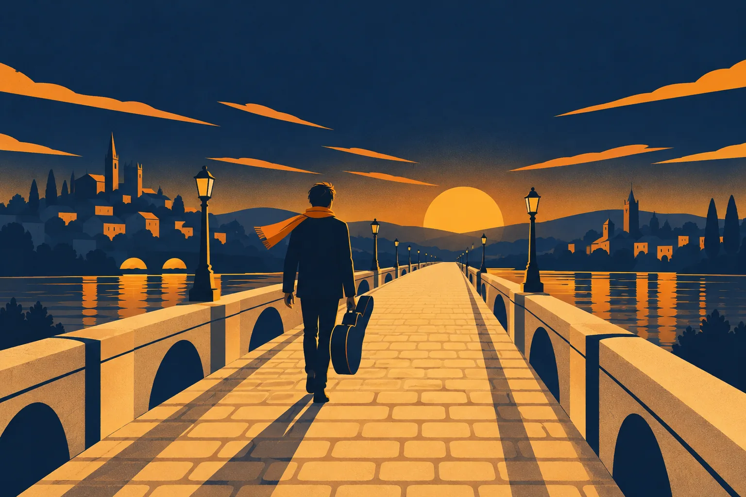 Un musicien, étui à la main, traverse un pont au lever du jour.
