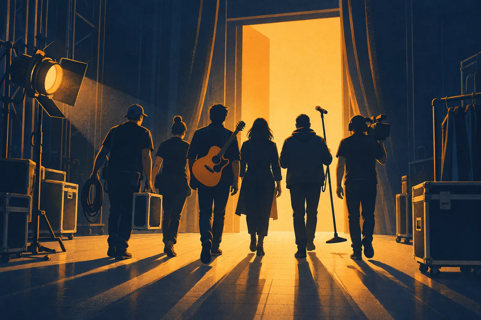 Des artistes et techniciens, vus de dos, marchent ensemble vers une porte lumineuse.